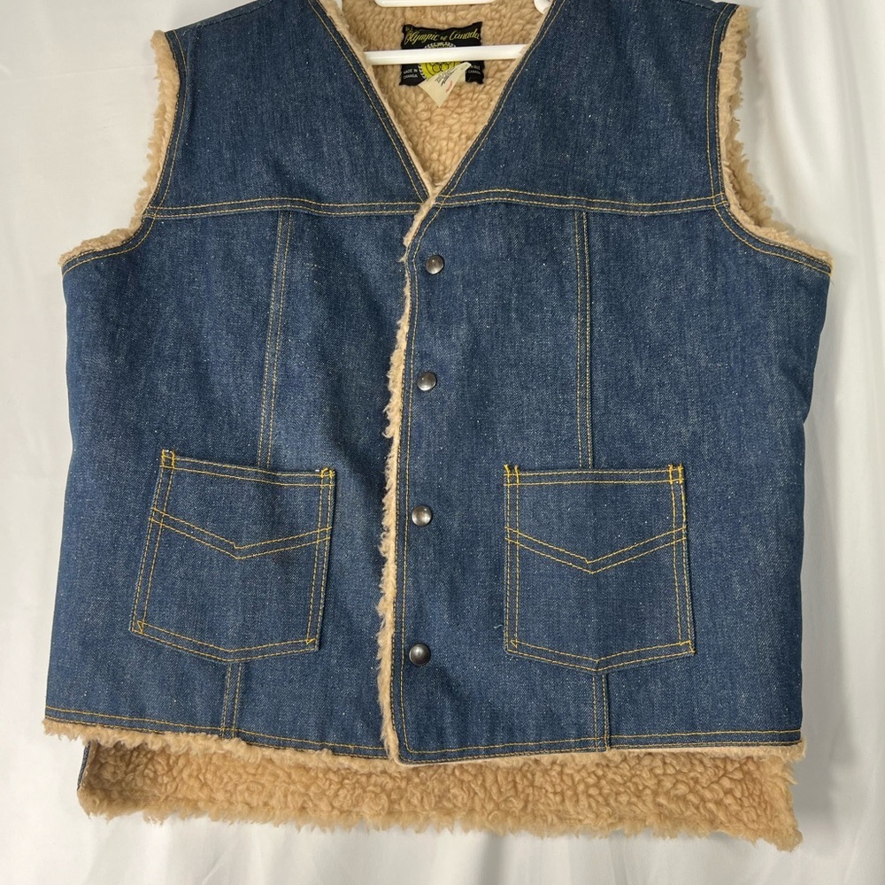 Vintage Olympic of Canada Sherpa Lined Blue Denim Vest w/ Tan Lining‎ Made in CA